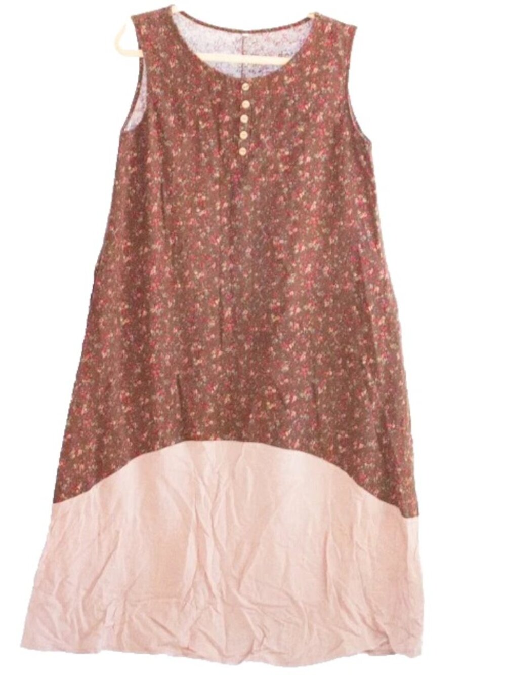 Gracila Vintage Boho Prairie Sleeveless Henley Neck  Shift Dress Wood Button S/M